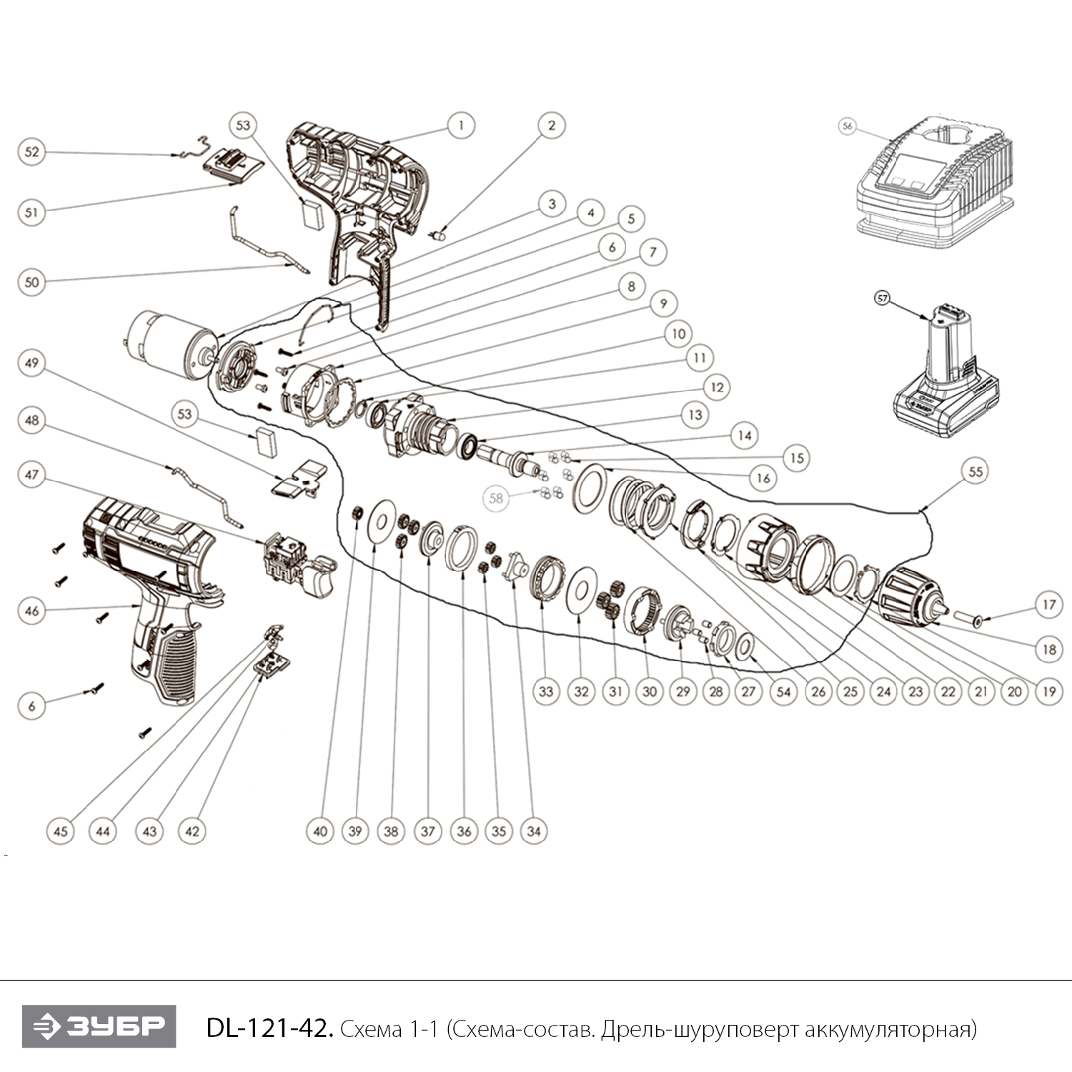 Дрель-шуруповерт, 2 АКБ (4 Ач), в кейсе DL-121-42